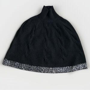 IISLI NEW YORK WOMENS WOOL CAPE BLACK PONCHO BRADED HEM KNIT